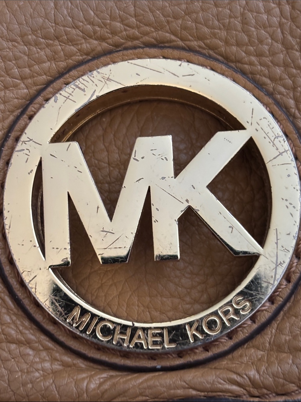 Michael Kors Tan Leather Shoulder Bag with Gold MK Medallion - Picture 8 of 15